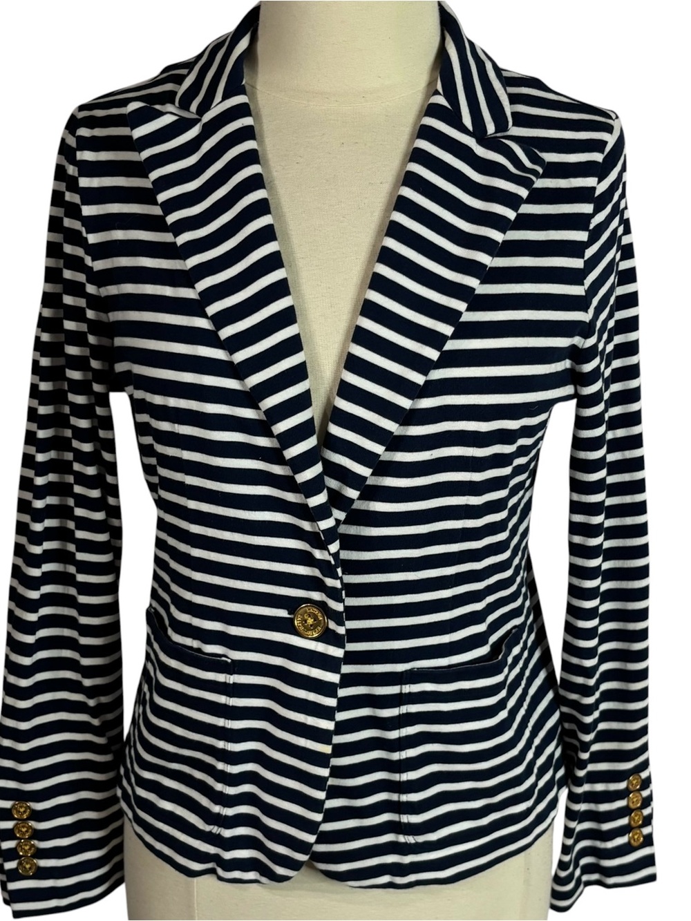 Lauren Ralph Lauren Navy White Striped Knit Blazer Nautical Classic Preppy L - Picture 3 of 12